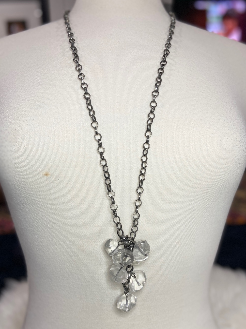 J.Jill Long Silver-Tone Chain Necklace 32" w/ Clear Bead Cluster Pendant